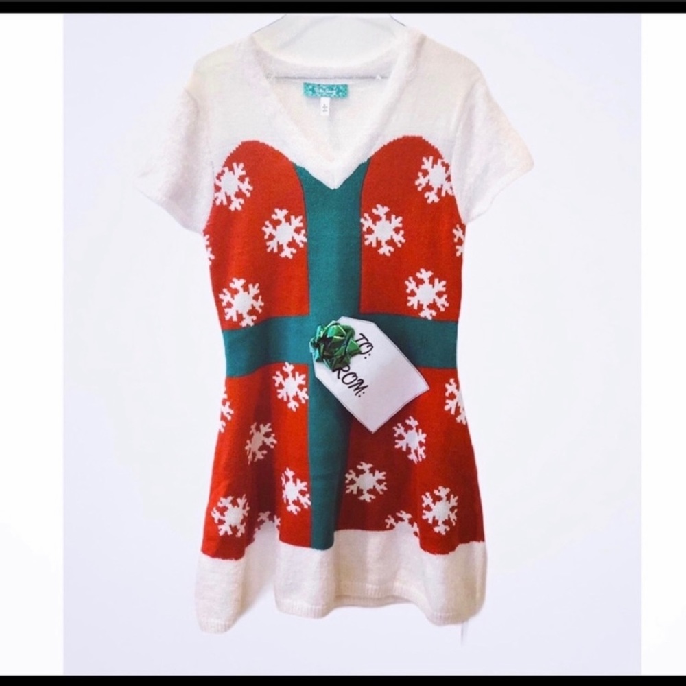 NWT Christmas Present Sweater Dress Red Green White M L Holiday 3D